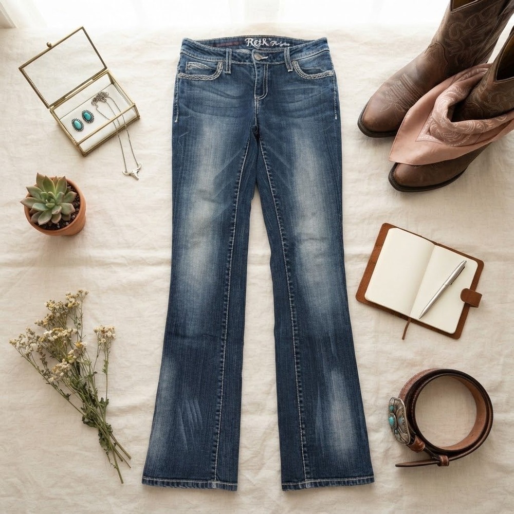 Rock 47 by Wrangler Womens Low Rise Bootcut Jeans Medium Wash Blue 3/4 x 36